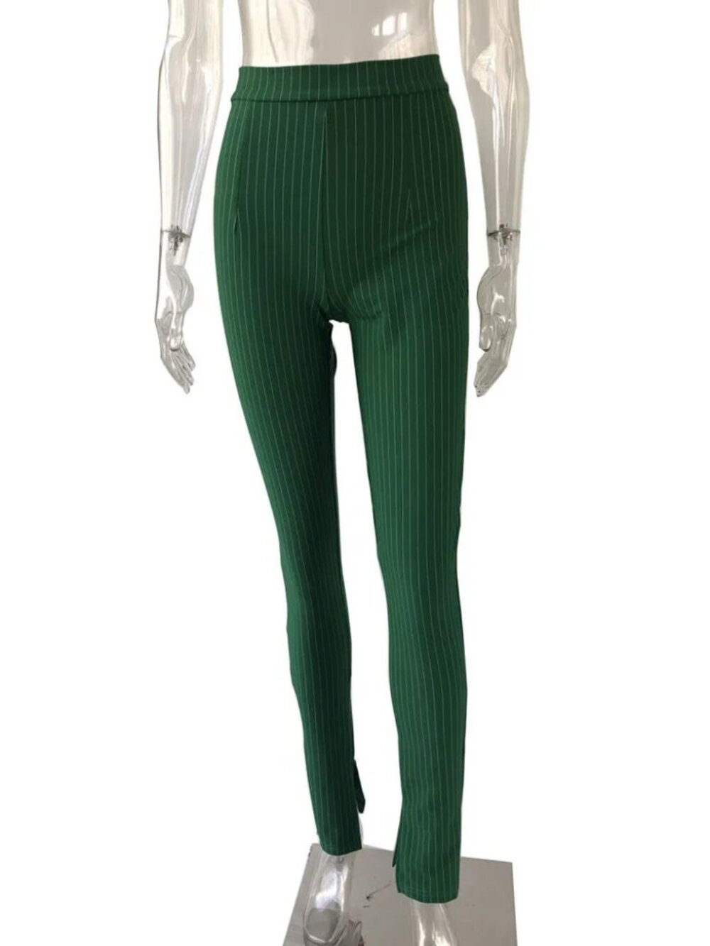 Green Pinstripe Split Hem Pants